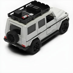 Model of a white SUV with a black roof rack on a white background