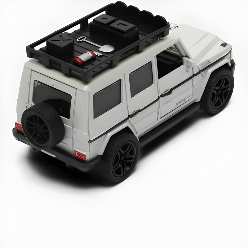 Model of a white SUV with a black roof rack on a white background