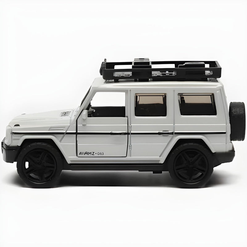 Model of a white SUV with black roof rack on a white background
