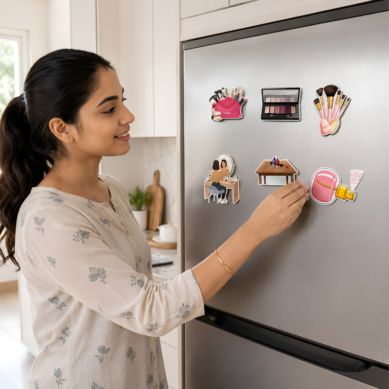 Todfod Beauty Products Fridge Magnet Set of 6 | 3 Inch Cute Cartoon Makeup & Cosmetics MDF Wood Magnets for Girls & Home Decor