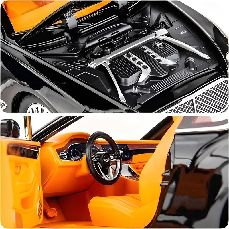Close-up of a car engine and interior with orange accents.