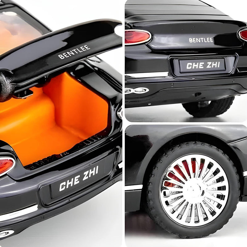Collage of a toy car with detailed features including interior, branding, and wheel.