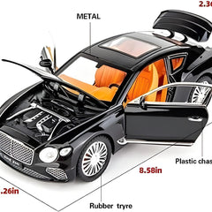Detailed view of a toy car with labeled parts and dimensions on a white background