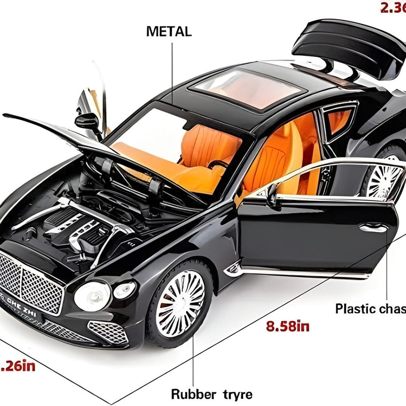 Detailed view of a toy car with labeled parts and dimensions on a white background