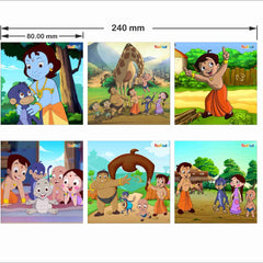 Cartoon character wall stickers with dimensions on a white background