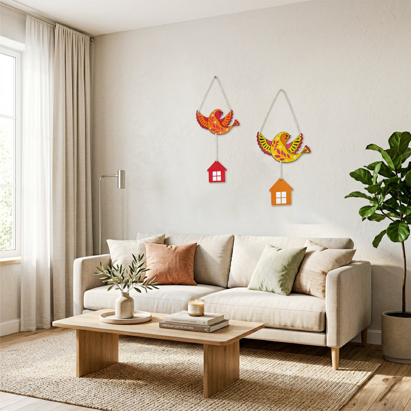 TodFod Bird Wall Hanging Decor Set | 14 Inch Colorful Bird & Small House MDF Wood Wall Art for Home Decor - Todfod