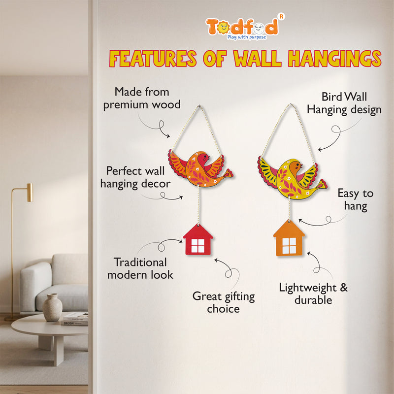 TodFod Bird Wall Hanging Decor Set | 14 Inch Colorful Bird & Small House MDF Wood Wall Art for Home Decor - Todfod