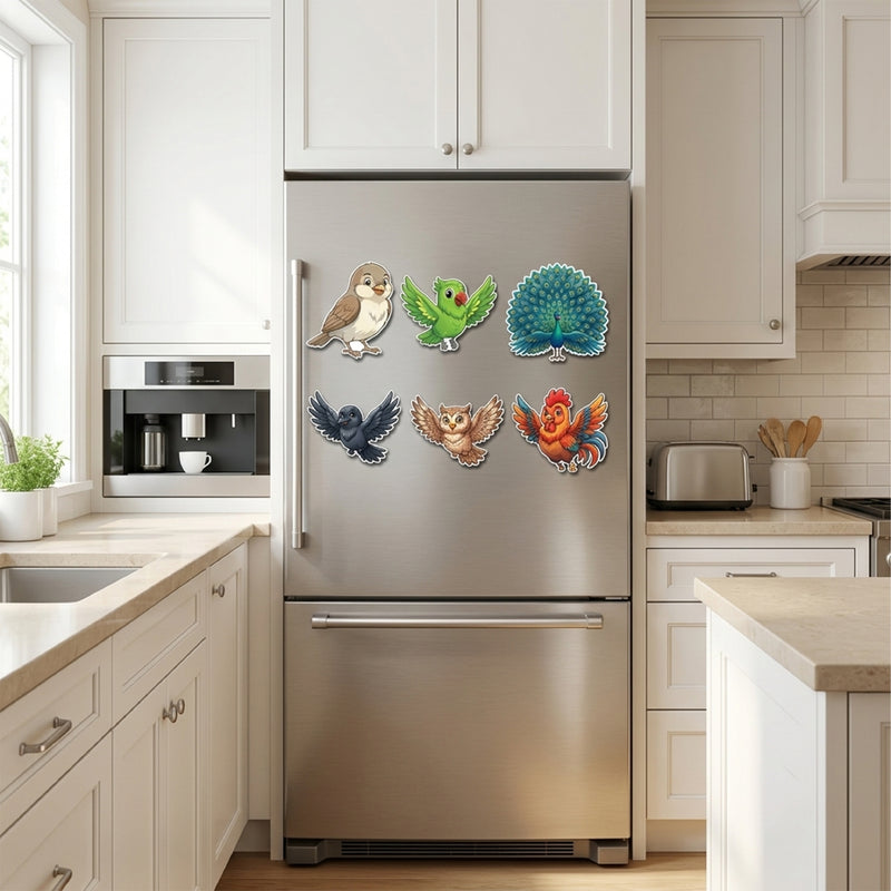 Todfod Birds Fridge Magnet Set of 6 | 3 Inch Cute Cartoon MDF Wood Magnets for Kids & Home Decor
