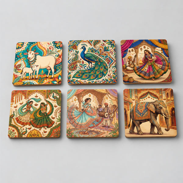 Todfod Indian Folk Art Wooden Coasters Set of 6 – Colorful Boho Tea & Coffee Cup Mats for Home & Office