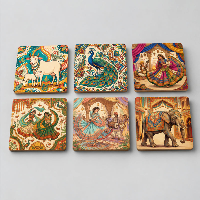 Todfod Indian Folk Art Wooden Coasters Set of 6 – Colorful Boho Tea & Coffee Cup Mats for Home & Office