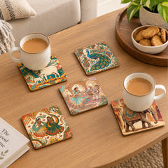 Todfod Indian Folk Art Wooden Coasters Set of 6 – Colorful Boho Tea & Coffee Cup Mats for Home & Office