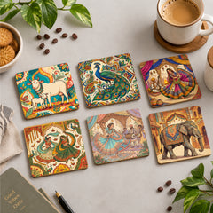 Todfod Indian Folk Art Wooden Coasters Set of 6 – Colorful Boho Tea & Coffee Cup Mats for Home & Office