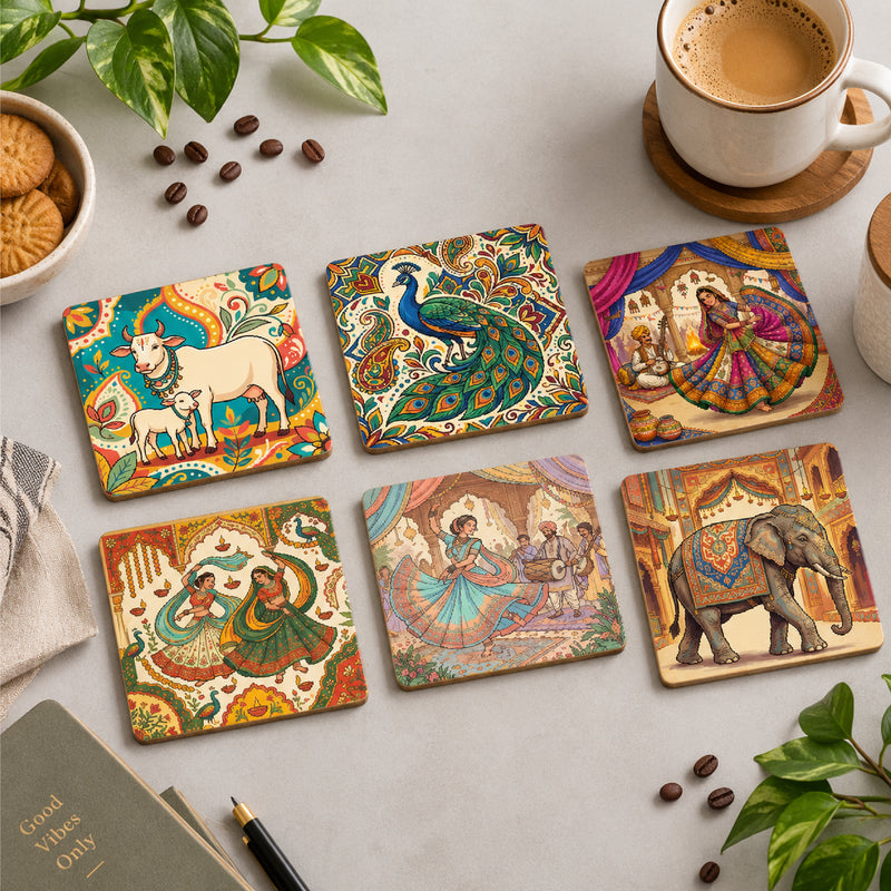 Todfod Indian Folk Art Wooden Coasters Set of 6 – Colorful Boho Tea & Coffee Cup Mats for Home & Office