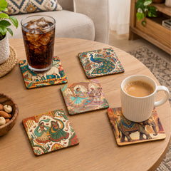 Todfod Indian Folk Art Wooden Coasters Set of 6 – Colorful Boho Tea & Coffee Cup Mats for Home & Office
