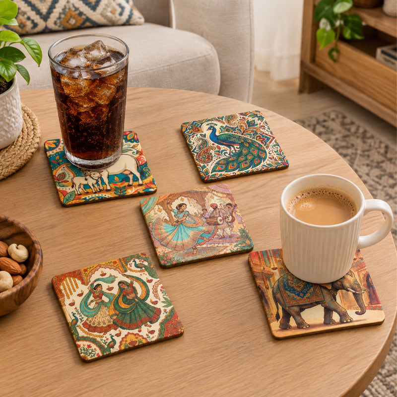 Todfod Indian Folk Art Wooden Coasters Set of 6 – Colorful Boho Tea & Coffee Cup Mats for Home & Office