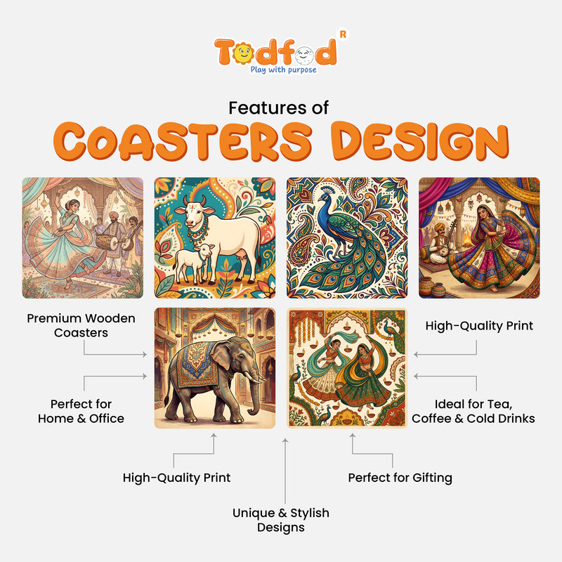 Todfod Indian Folk Art Wooden Coasters Set of 6 – Colorful Boho Tea & Coffee Cup Mats for Home & Office
