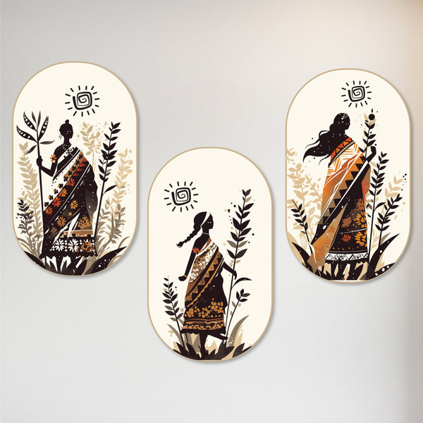 TodFod Boho Wall Hanging Decor Set | 3-Piece 10 Inch Oval Ethnic Art MDF Wood Plaques with Sun & Plant Motifs