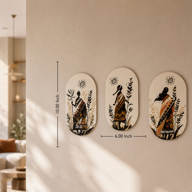TodFod Boho Wall Hanging Decor Set | 3-Piece 10 Inch Oval Ethnic Art MDF Wood Plaques with Sun & Plant Motifs