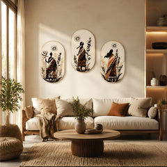 TodFod Boho Wall Hanging Decor Set | 3-Piece 10 Inch Oval Ethnic Art MDF Wood Plaques with Sun & Plant Motifs