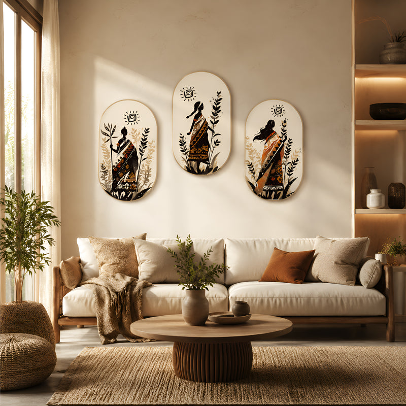 TodFod Boho Wall Hanging Decor Set | 3-Piece 10 Inch Oval Ethnic Art MDF Wood Plaques with Sun & Plant Motifs