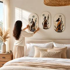TodFod Boho Wall Hanging Decor Set | 3-Piece 10 Inch Oval Ethnic Art MDF Wood Plaques with Sun & Plant Motifs