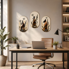 TodFod Boho Wall Hanging Decor Set | 3-Piece 10 Inch Oval Ethnic Art MDF Wood Plaques with Sun & Plant Motifs