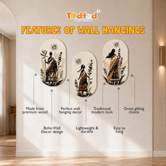 TodFod Boho Wall Hanging Decor Set | 3-Piece 10 Inch Oval Ethnic Art MDF Wood Plaques with Sun & Plant Motifs