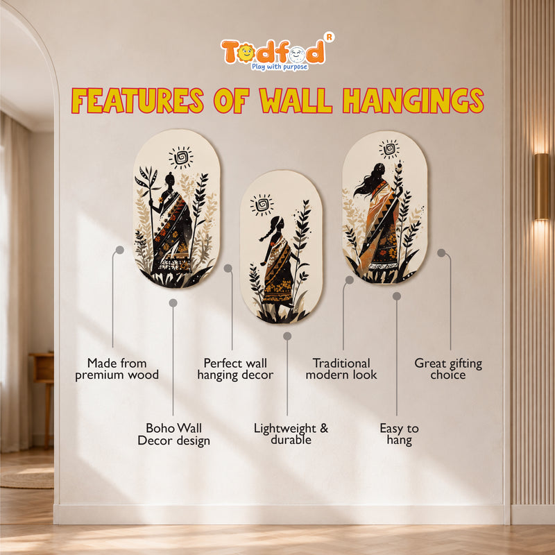 TodFod Boho Wall Hanging Decor Set | 3-Piece 10 Inch Oval Ethnic Art MDF Wood Plaques with Sun & Plant Motifs