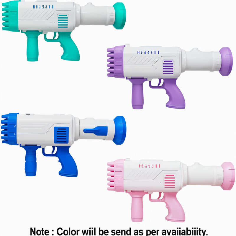 Four colorful water枪s with blue, purple, pink, and teal accents on a white background.