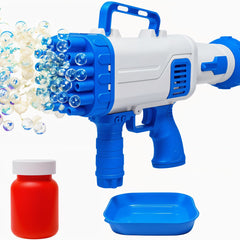 Blue and white bubble gun with accessories on a white background