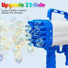 Blue bubble gun with colorful bubbles on a light blue background