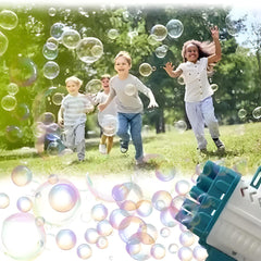 Children playing with bubbles in a park, with a bubble machine in the foreground.
