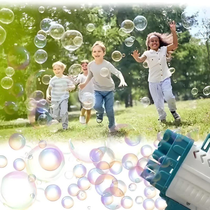 Children playing with bubbles in a park, with a bubble machine in the foreground.