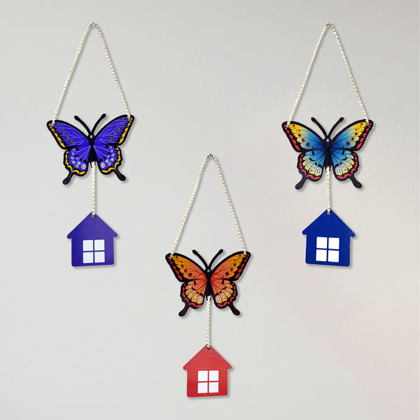 TodFod 3-Piece Butterfly and House Wall Hanging Decor Set | 14 Inch Colorful MDF Wood Wall Art