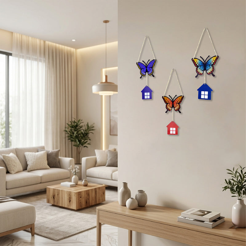 TodFod 3-Piece Butterfly and House Wall Hanging Decor Set | 14 Inch Colorful MDF Wood Wall Art
