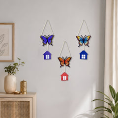 TodFod 3-Piece Butterfly and House Wall Hanging Decor Set | 14 Inch Colorful MDF Wood Wall Art