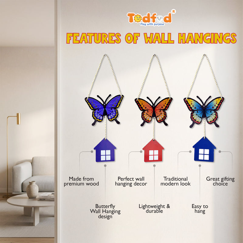 TodFod 3-Piece Butterfly and House Wall Hanging Decor Set | 14 Inch Colorful MDF Wood Wall Art