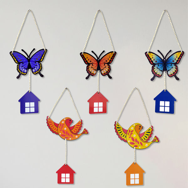 TodFod Butterfly and Bird Wall Hanging Decor Set | 14 Inch Colorful MDF Wood Hanging Art with Miniature Houses