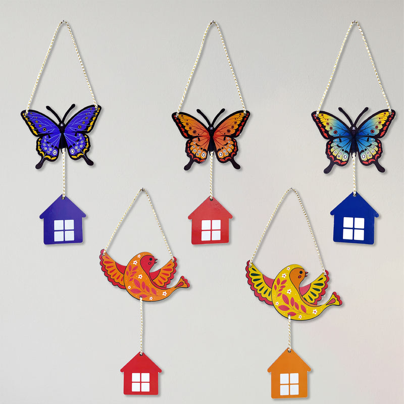 TodFod Butterfly and Bird Wall Hanging Decor Set | 14 Inch Colorful MDF Wood Hanging Art with Miniature Houses