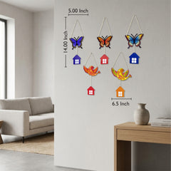 TodFod Butterfly and Bird Wall Hanging Decor Set | 14 Inch Colorful MDF Wood Hanging Art with Miniature Houses