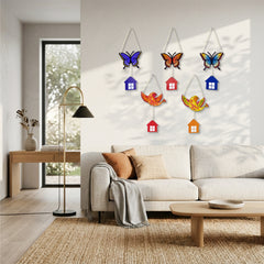 TodFod Butterfly and Bird Wall Hanging Decor Set | 14 Inch Colorful MDF Wood Hanging Art with Miniature Houses