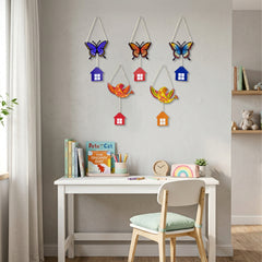 TodFod Butterfly and Bird Wall Hanging Decor Set | 14 Inch Colorful MDF Wood Hanging Art with Miniature Houses