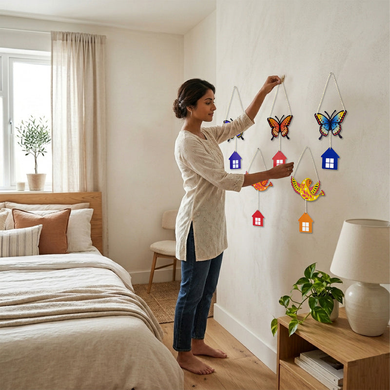 TodFod Butterfly and Bird Wall Hanging Decor Set | 14 Inch Colorful MDF Wood Hanging Art with Miniature Houses