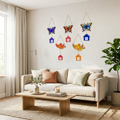 TodFod Butterfly and Bird Wall Hanging Decor Set | 14 Inch Colorful MDF Wood Hanging Art with Miniature Houses