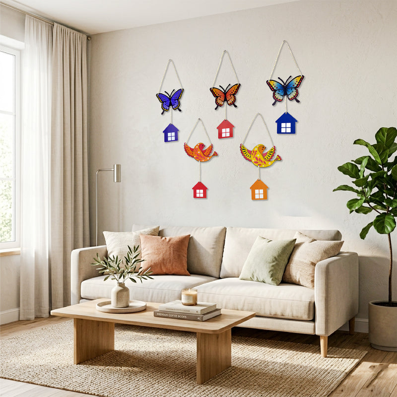 TodFod Butterfly and Bird Wall Hanging Decor Set | 14 Inch Colorful MDF Wood Hanging Art with Miniature Houses