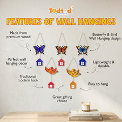 TodFod Butterfly and Bird Wall Hanging Decor Set | 14 Inch Colorful MDF Wood Hanging Art with Miniature Houses