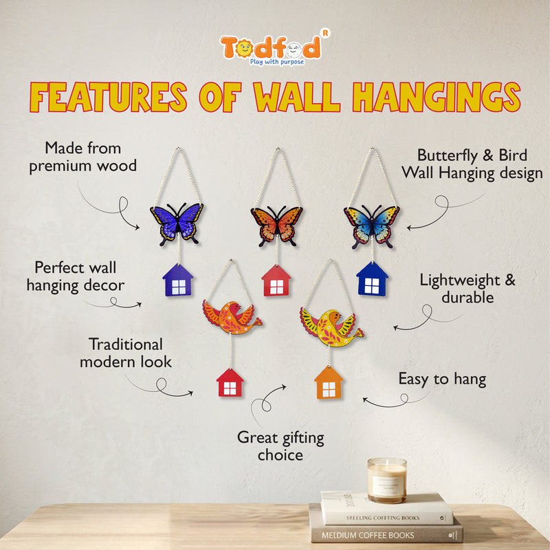 TodFod Butterfly and Bird Wall Hanging Decor Set | 14 Inch Colorful MDF Wood Hanging Art with Miniature Houses