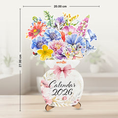 Smaran Flower Pot Calendar 2026 | Decorative Floral Vase Shaped Desk Calendar for Home & Office | 20x27 cm Monthly Desktop Planner with 3D Flowers | Nature Theme Gift Calendar