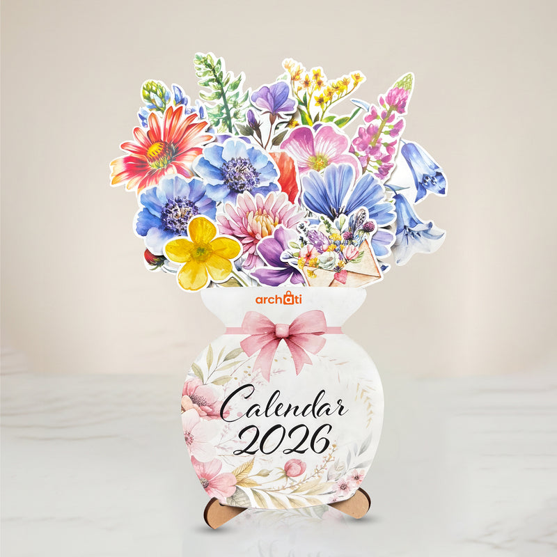 Smaran Flower Pot Calendar 2026 | Decorative Floral Vase Shaped Desk Calendar for Home & Office | 20x27 cm Monthly Desktop Planner with 3D Flowers | Nature Theme Gift Calendar