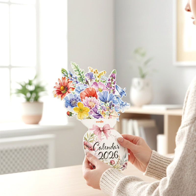 Smaran Flower Pot Calendar 2026 | Decorative Floral Vase Shaped Desk Calendar for Home & Office | 20x27 cm Monthly Desktop Planner with 3D Flowers | Nature Theme Gift Calendar